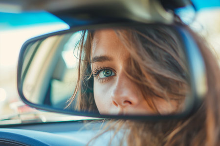 Closeup photo capturing a young woman's reflection as she fixes her hair, looking into the car's rearview mirror on a sunny dayの素材