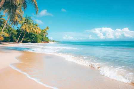 Serene beach scene with lush palm trees lining the shore and gentle waves lapping against a pristine sandy beach under a clear blue skyの素材