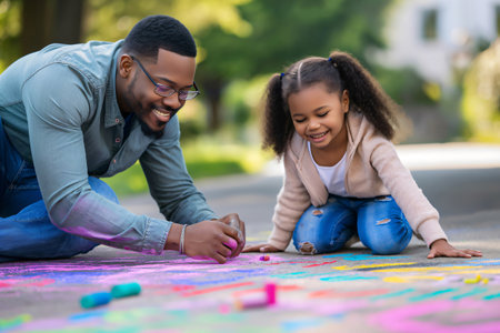 Father and daughter are enjoying their time together, drawing with colorful chalk on the pavementの素材