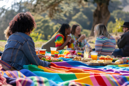 Group of friends enjoying a picnic with rainbow flag blanket, celebrating lgbt pride monthの素材