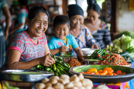 Happy family is preparing traditional dishes with fresh ingredients at a local marketの素材