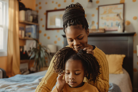 Mother is braiding her daughter's hair in their cozy bedroom, creating a heartwarming moment of connection and careの素材