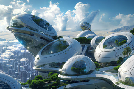 Futuristic cityscape with interconnected white modules featuring lush greenery, embodying a vision of sustainable urban living in the futureの素材