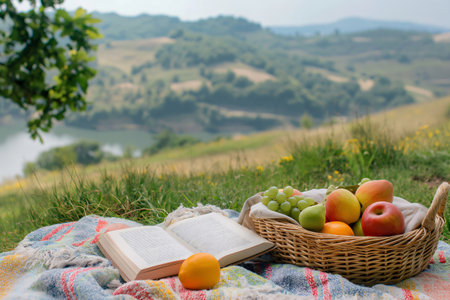 Open book and a basket full of fresh fruits are lying on a blanket on a hill with a lake in the backgroundの素材