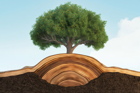Tree growing on a cross section of soil layers is revealing its wood texture and growth ringsの素材