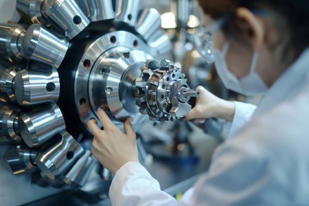 Aerospace engineer is assembling a complex turbine engine in a modern industrial laboratoryの素材