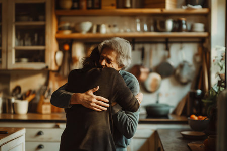 Adult son is hugging his elderly father in a kitchen, showing love and affectionの素材