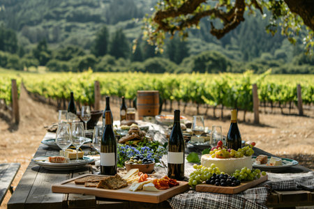 Rustic picnic table laden with wine, cheese, and grapes, basking in the sunlit expanse of a vineyardの素材