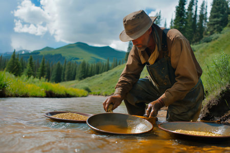 Gold miner panning for gold nuggets in a mountain river is using a traditional gold panの素材