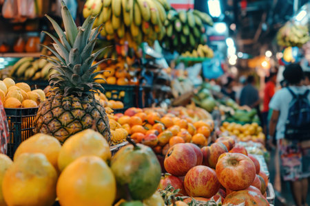 Ripe pineapples, mangoes, and apples standing out in a blurred market in bangkok, thailandの素材