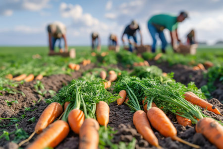Freshly harvested ripe carrots lying in a row on the field ground with unrecognizable farmers working on a farm on a sunny dayの素材