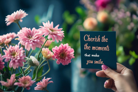 Cherish special moments with an inspirational quote among beautiful pink blooms on a greeting card. Handtyped with motivational typography. Selfcare. And positivityの素材