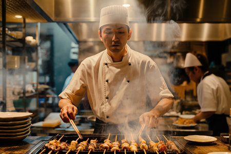 Professional chef focused on grilling yakitori skewers on a smoky grill in a busy restaurant kitchenの素材