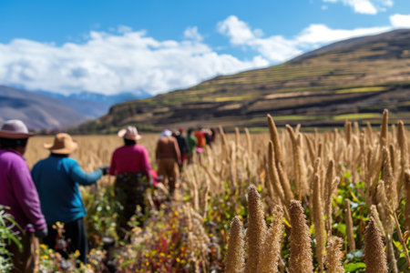 Farmers are harvesting quinoa in a large field with the andes mountains in the backgroundの素材