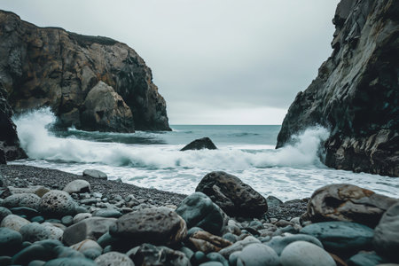 Serene rocky beach scene with waves crashing against rugged cliffs under a moody overcast skyの素材