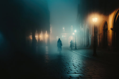 Mysterious figure is walking down a foggy city street at night illuminated by streetlightsの素材