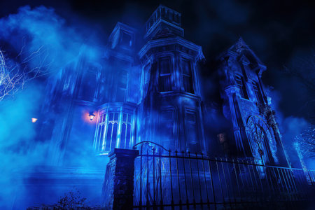 Old victorian haunted house is emanating an eerie blue glow on a foggy halloween nightの素材