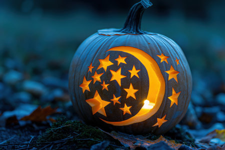 Halloween pumpkin sitting on the ground outside at night, glowing with carved crescent moon and starsの素材