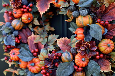 Festive autumn wreath with pumpkins, berries, and colorful leaves hanging on a doorの素材