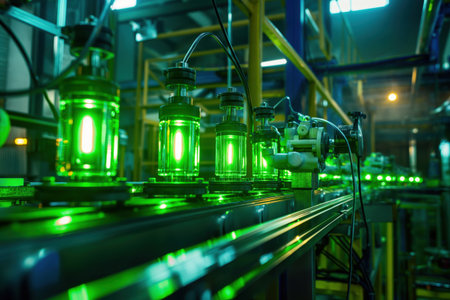Industrial conveyor belt is transporting glowing cylinders in a factory, showcasing advanced manufacturing processesの素材