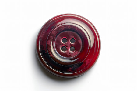 Macro photograph of a single red and black button laying on a white backgroundの素材
