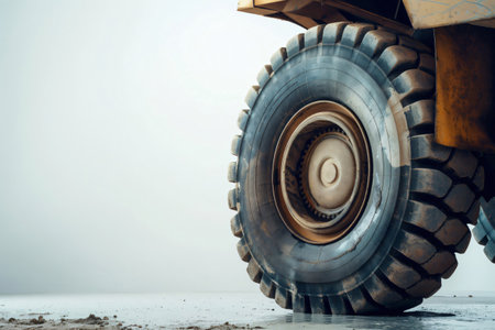 Close up of a huge mining truck tire, highlighting its size and ruggedness, suitable for heavy duty operationsの素材