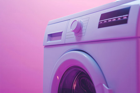 Modern washing machine standing on a bright purple background, a concept image for household choresの素材
