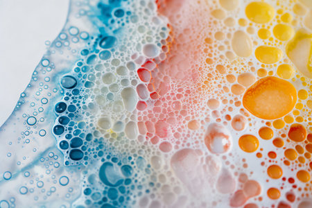 Abstract background of colorful bubbles forming a beautiful pattern on a liquid surfaceの素材