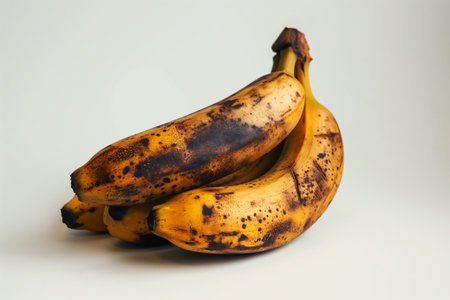 Bunch of speckled brown bananas is sitting on a white background, suggesting ripeness and the passage of timeの素材