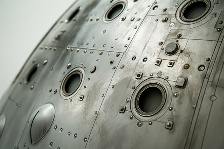 Close up of a spacecraft heat shield showing protective metal plates, revealing the complexity and intricate engineering of space exploration technologyの素材