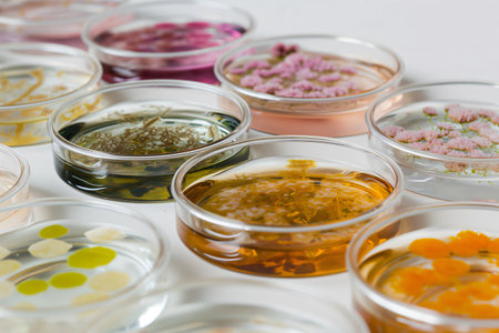 Close up of petri dishes containing colorful cultures, suggesting scientific research and analysis in a laboratory settingの素材