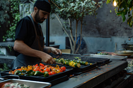 Chef is grilling vegetable skewers and other vegetables in a restaurant kitchenの素材