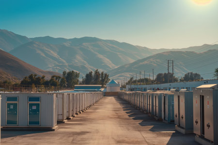 Rows of lithium ion battery energy storage system containers standing outdoors at an electrical power substationの素材