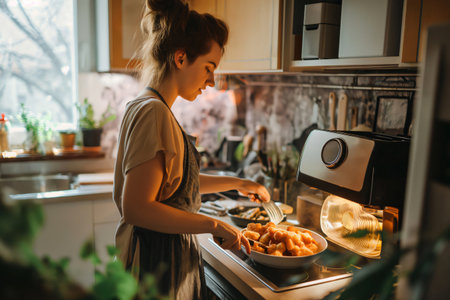 Young woman wearing an apron is plating fried food using an air fryer in a modern kitchenの素材