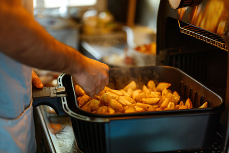 Chef is taking a tray of fried potato wedges out of an air fryer in a modern kitchenの素材