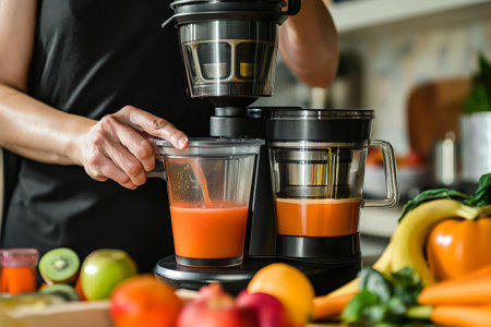 Person is pouring freshly made juice from a modern juice extractor into a glass surrounded by fresh fruit and vegetablesの素材