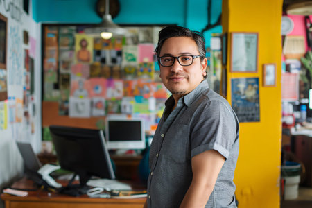 Confident latin man in colorful office, working on computer. Happy, smiling entrepreneur embodies success. Busy, vibrant workspaceの素材