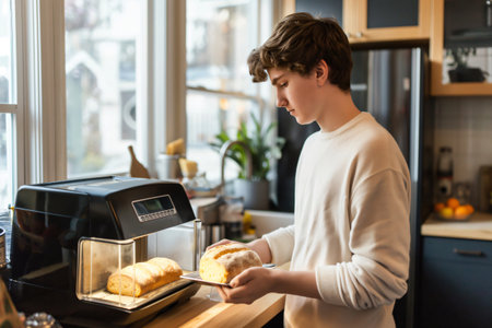 Young adult is taking a fresh loaf of bread out of a bread machine in a modern kitchen, enjoying the aroma and satisfaction of homemade bakingの素材