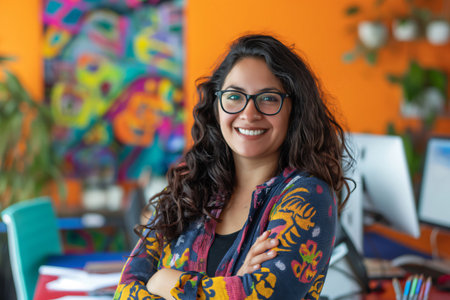 Young latin graphic designer smiling with her arms crossed in a colorful and modern officeの素材