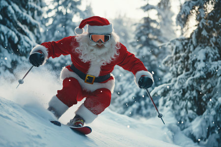 Santa Claus joyfully skiing down a snowy mountain, racing through a forest with sunlight peeking through. Experience the magic of Christmas on this snowy escapade.の素材
