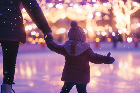 Mother helps her daughter ice skate for the first time at an outdoor ice rink at nightの素材