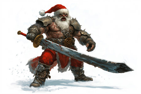 Fierce Santa Claus wearing armor and wielding a bloody sword, standing in the snowの素材