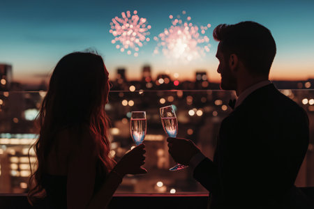 Couple is enjoying a romantic evening on a rooftop terrace, toasting with champagne flutes against a backdrop of fireworksの素材