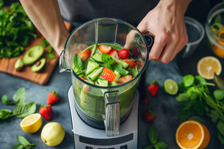 Chef is making a healthy green smoothie, adding fresh fruits and vegetables to a blender in a modern kitchen settingの素材