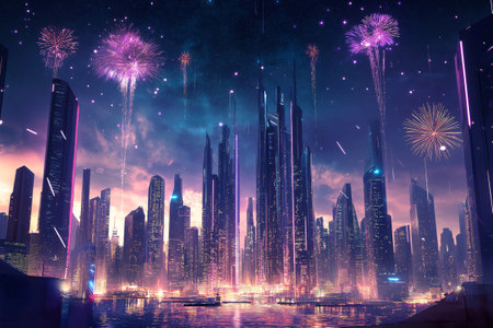 Futuristic city skyline illuminated by a fireworks shining brightly above the cityscapeの素材