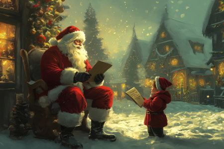 Child is nervously handing Santa Claus their Christmas wish list in a snowy village at nightの素材