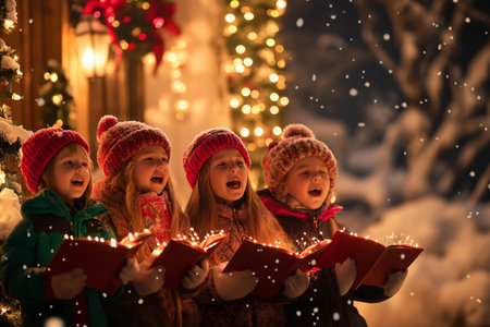 Four young children are singing Christmas carols outdoors on a snowy evening, holding song books with sparkling lightsの素材