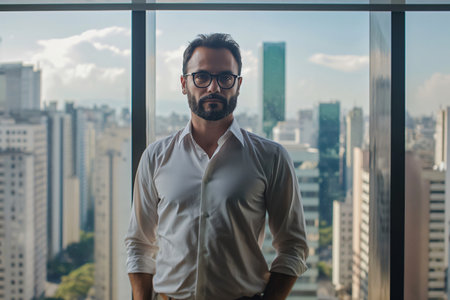Businessman is standing in a modern office, with a cityscape visible through the windows behind himの素材