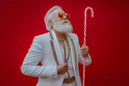 Fashionable senior man with white beard and hair holding a candy cane is posing on a red backgroundの素材