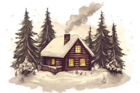 Cozy wooden cabin covered by snow and surrounded by fir trees in a winter forest landscape at sunset, with warm lights from the windowsの素材